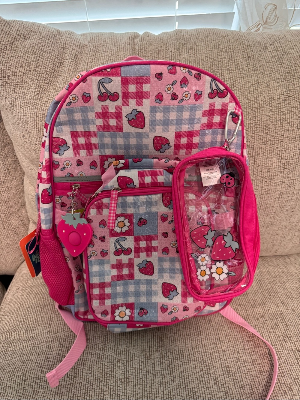 Kids Strawberry Print Pink Backpack with Clear Front Pouch